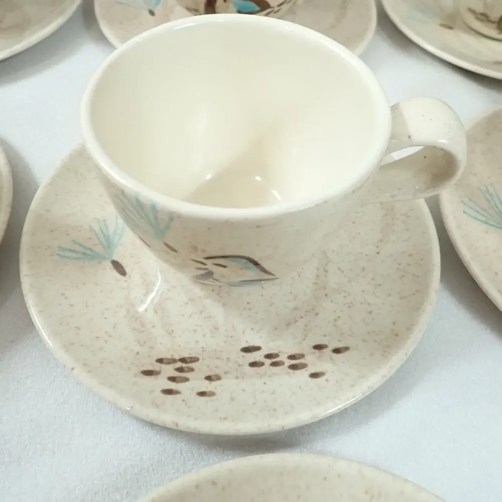 Red Wing Bob White Quail 10 Cup Saucer Sets MCM Hand Painted Pottery Vintage